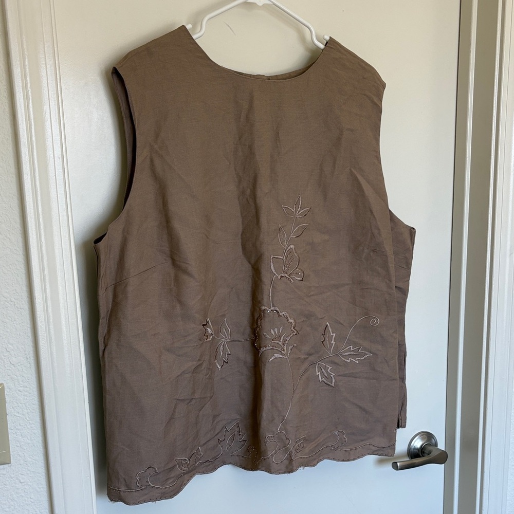 Metro Girl Taupe Embroidered Sleeveless Shell Top - 2XL